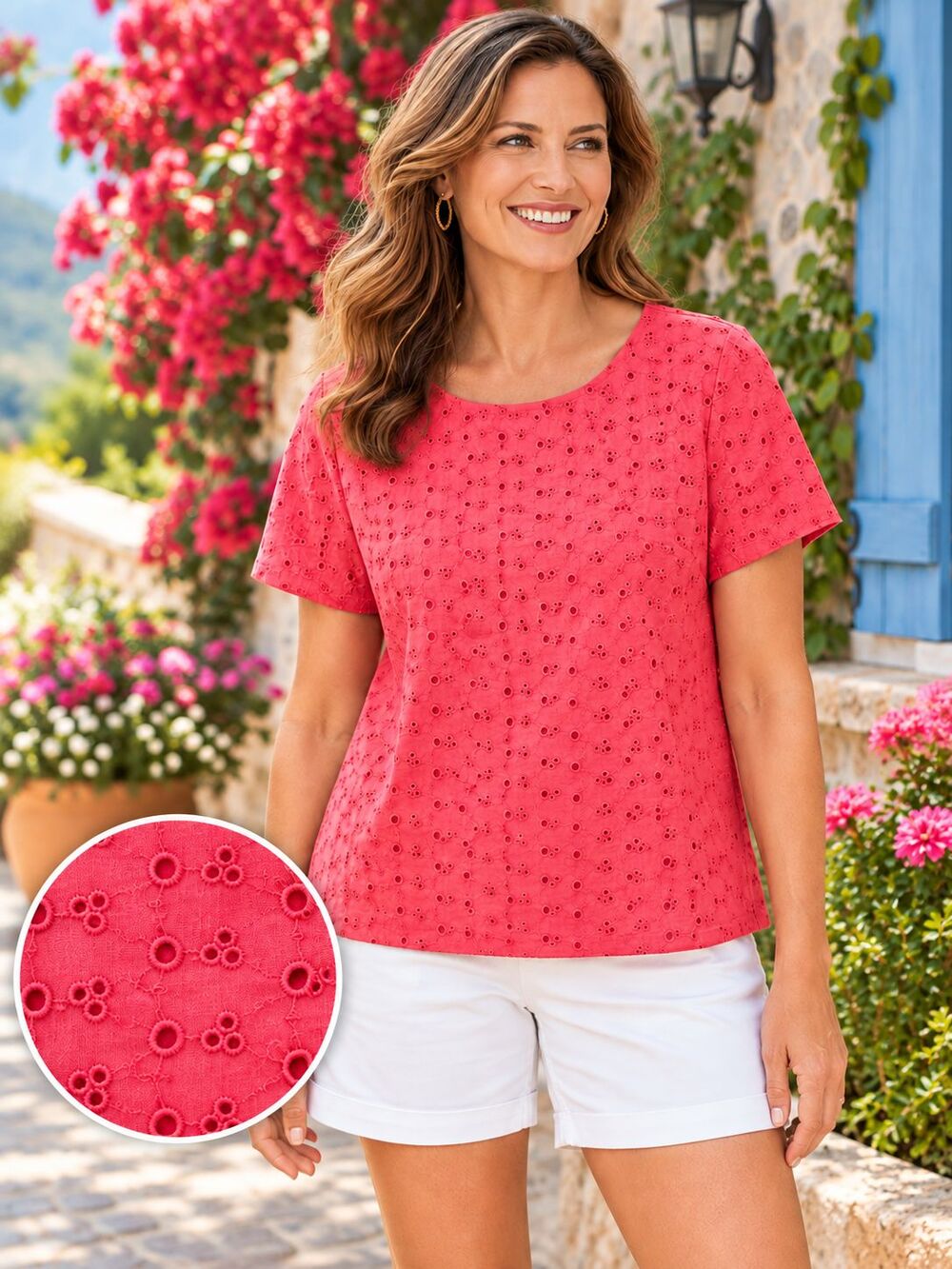 Coldwater Creek Womenโs XL Coral Eyelet Embroidered Cotton Short Sleeve Top